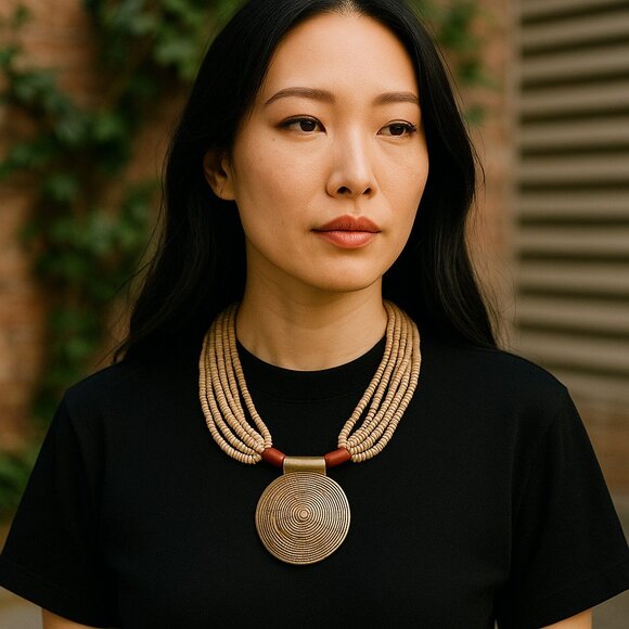 6 Strand Boho Style Beaded Necklace Large Medallion Pendant Beachy City Western - Picture 1 of 5